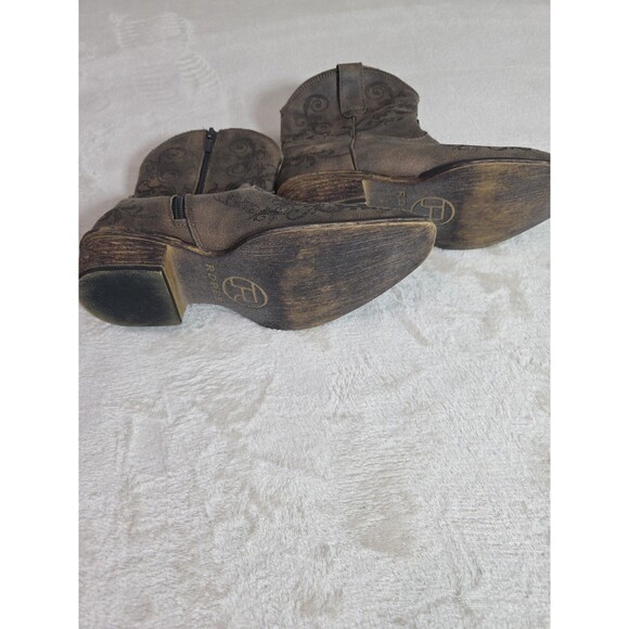 Roper Boots Women’s 6.5 Short Stuff Western Embroidery Snip Toe Brown Zip Ankle - Picture 6 of 8